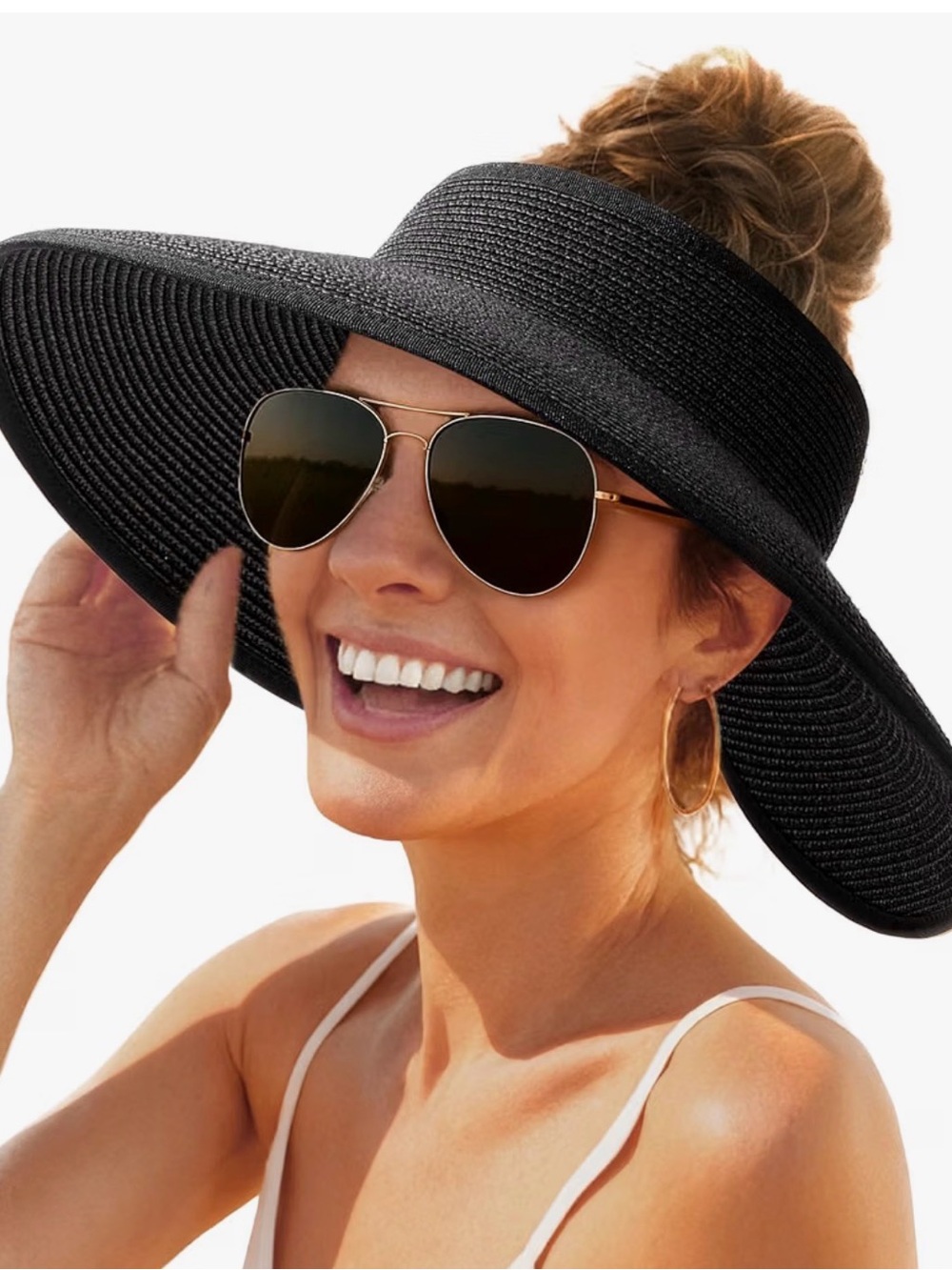 Set of 2 Wide Brim Packable Sun Visor Hats - Black & Khaki
